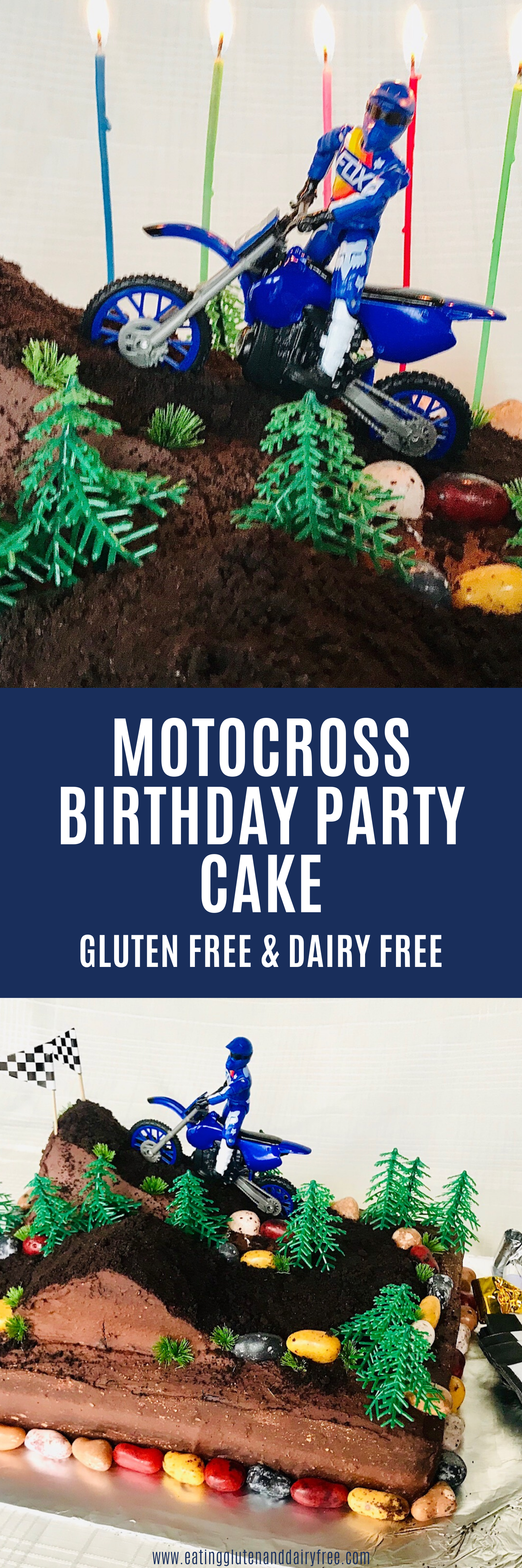 A collage of dirt bike cake images with text overlay.