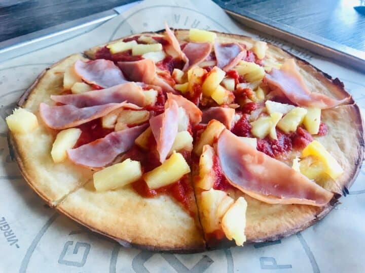 Gluten free dairy free pizza with Daiya cheese from Pieology