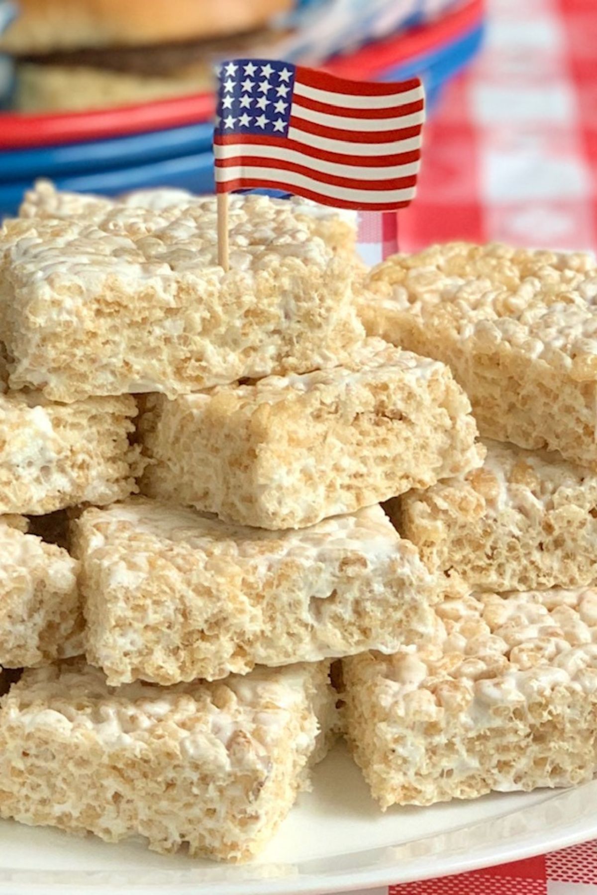 A plate full of allergen friendly peanut free, gluten free and dairy free homemade rice krispie treats.