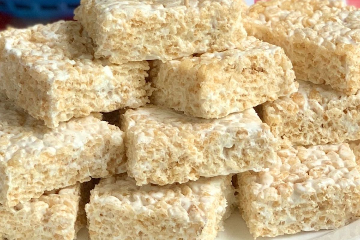 Close up looking at a tower of dairy free gluten free rice krispie treats.