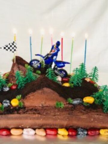 A motocross cake that is made with gluten free and dairy free ingredients.