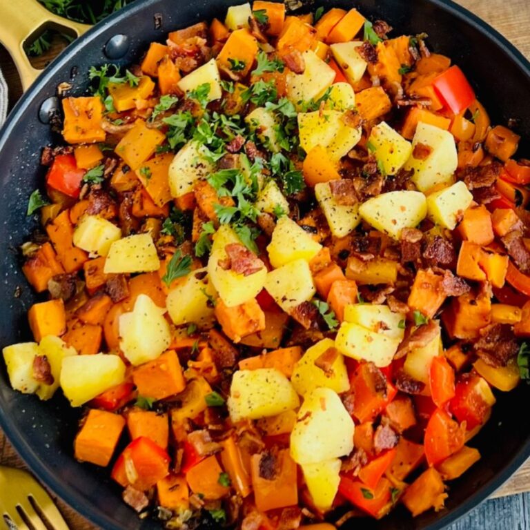 A skillet of sweet potato breakfast bowls once they've cooked.