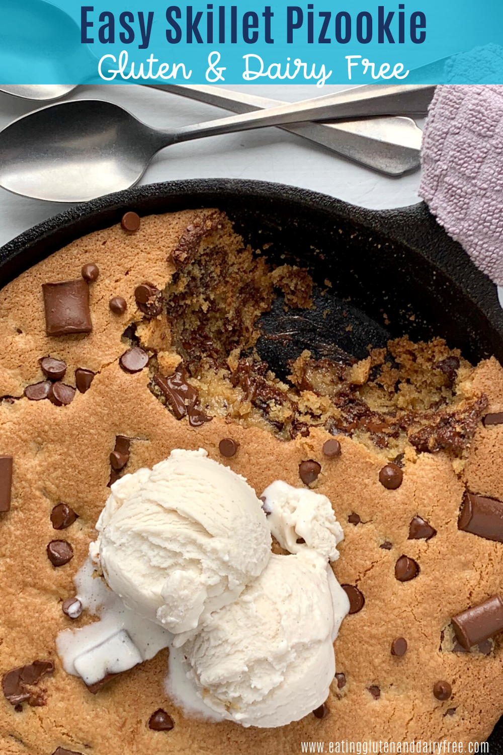 Pizookie with ice cream in a skillet.