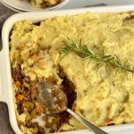 A baking dish with gluten free dairy free shepherd pie.