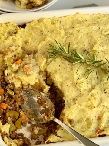 A baking dish with gluten free dairy free shepherd pie.