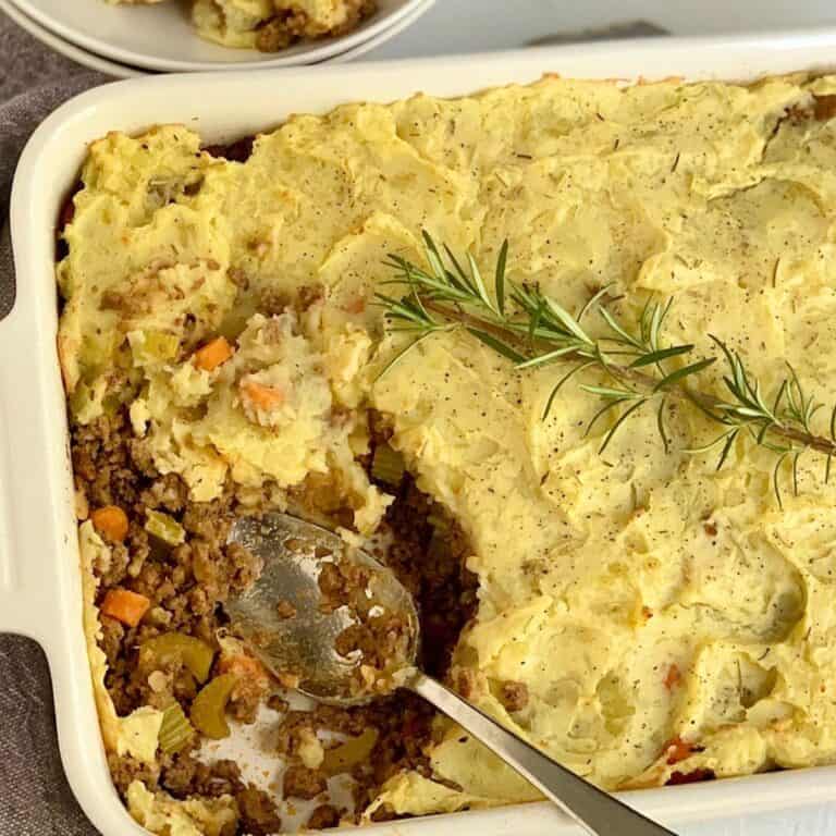 A baking dish with gluten free dairy free shepherd pie.