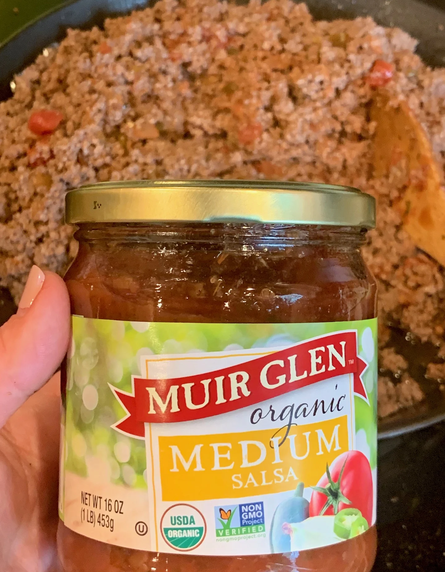 Jar of Muir Glen Medium salsa. 