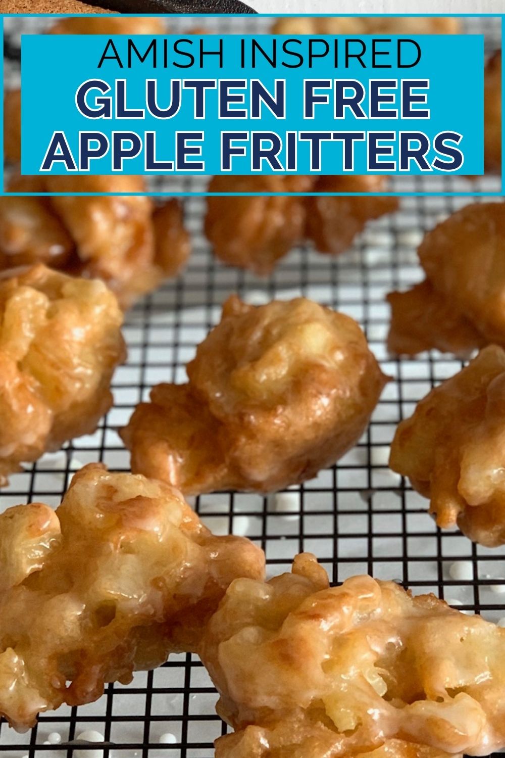 A few apple fritters on a rack with text overlay.