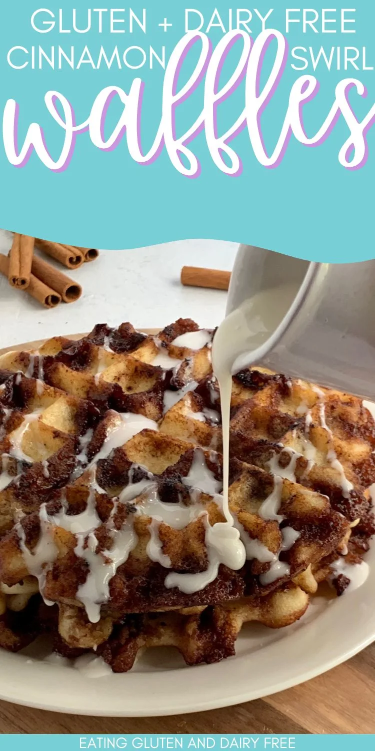 A cinnamon swirl waffle with glaze and text overlay.