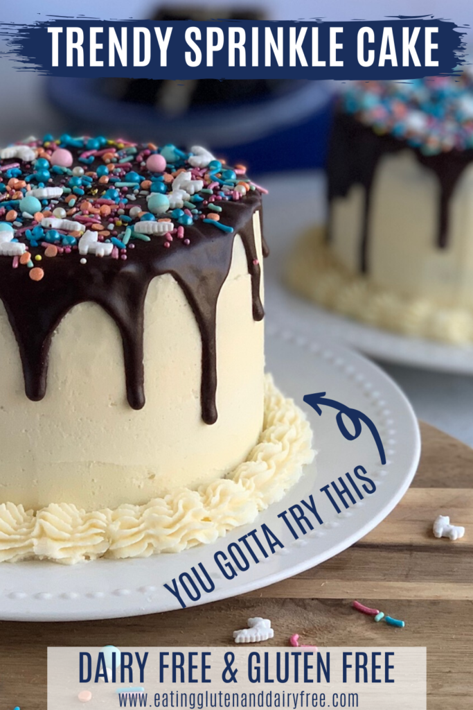 gluten and dairy free cake with chocolate ganache dripping down the edge and sprinkles