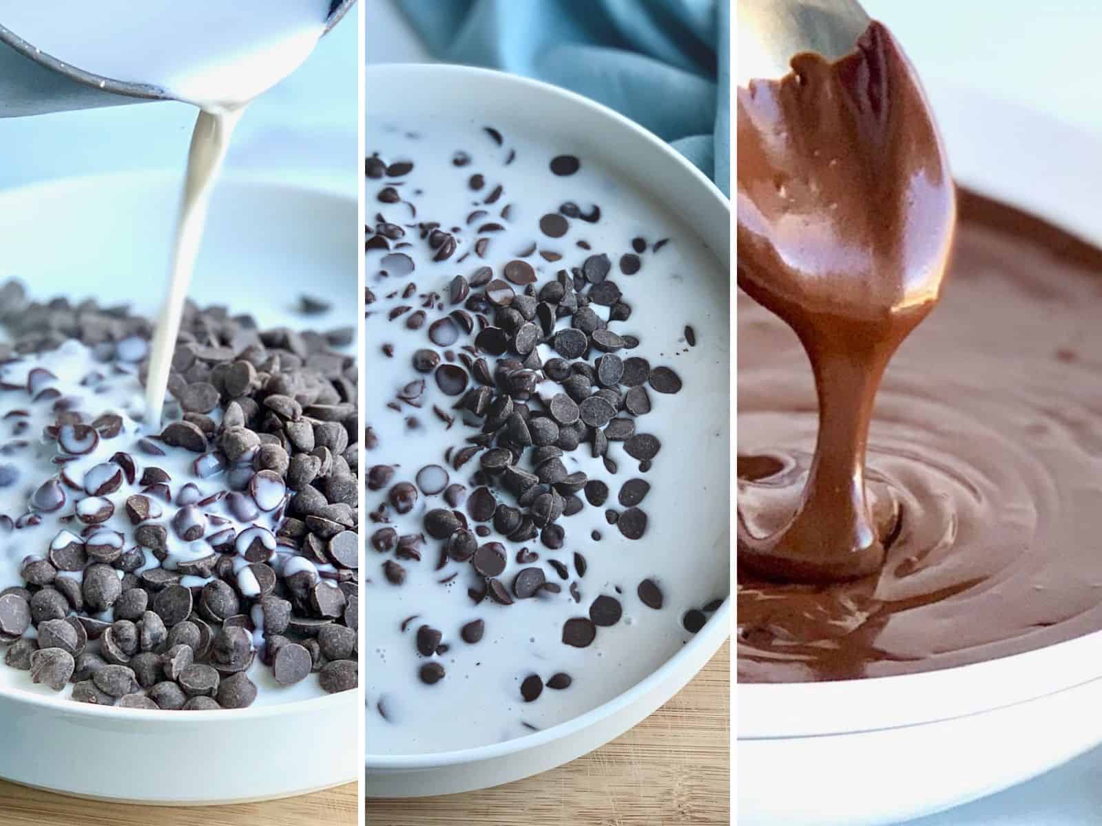 Coconut milk being poured over dairy free chocolate chips, heated, adn stirred to make dairy free ganache.