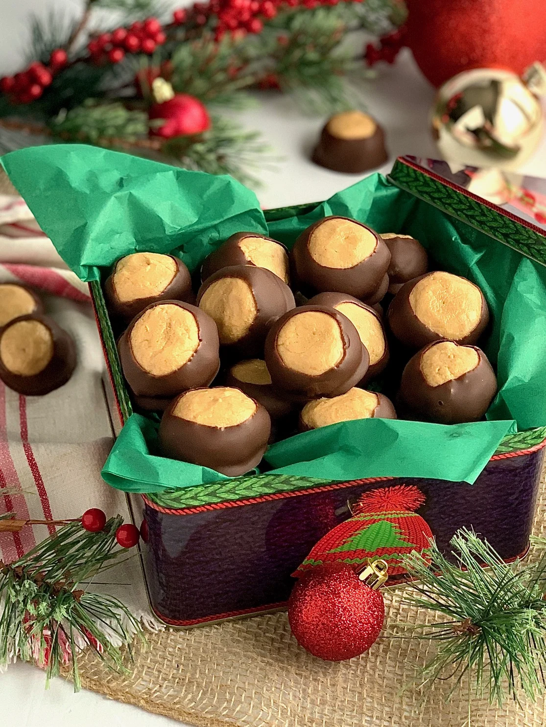 Buckeye balls in a Christmas tin