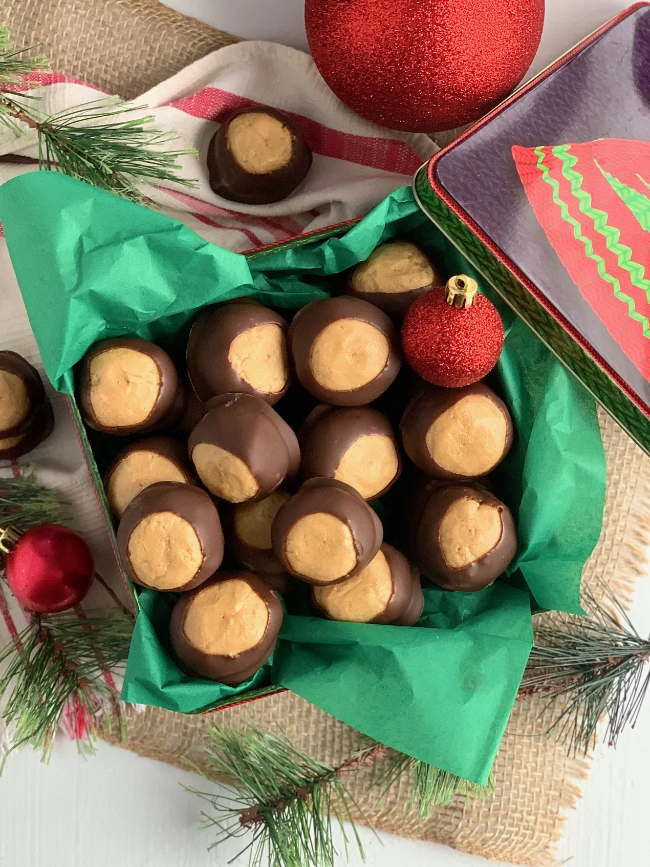 Buckeye balls in a Christmas tin