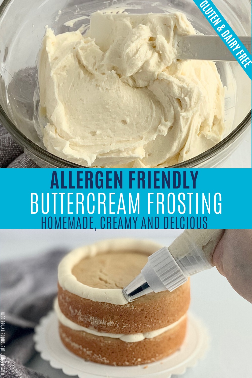 dairy free buttercream frosting in a bowl and pipping a cake