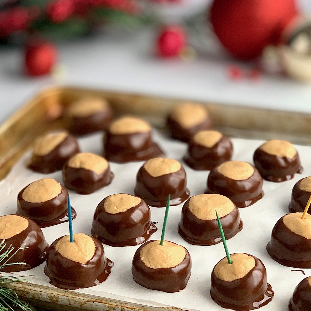 Buckeye balls right after they're dipped in chocolate