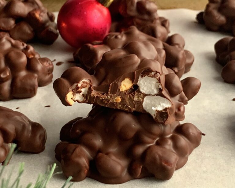 A yummy mixture of nuts, mini marshmallows, and melted chocolate.