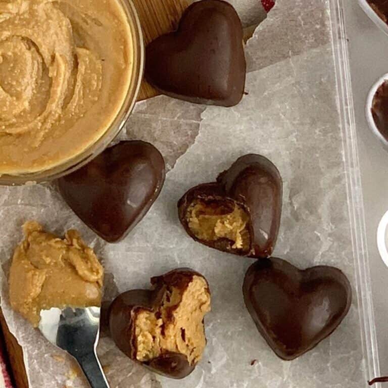 Looking down on a few homemade Chocolate Peanut Butter Hearts.