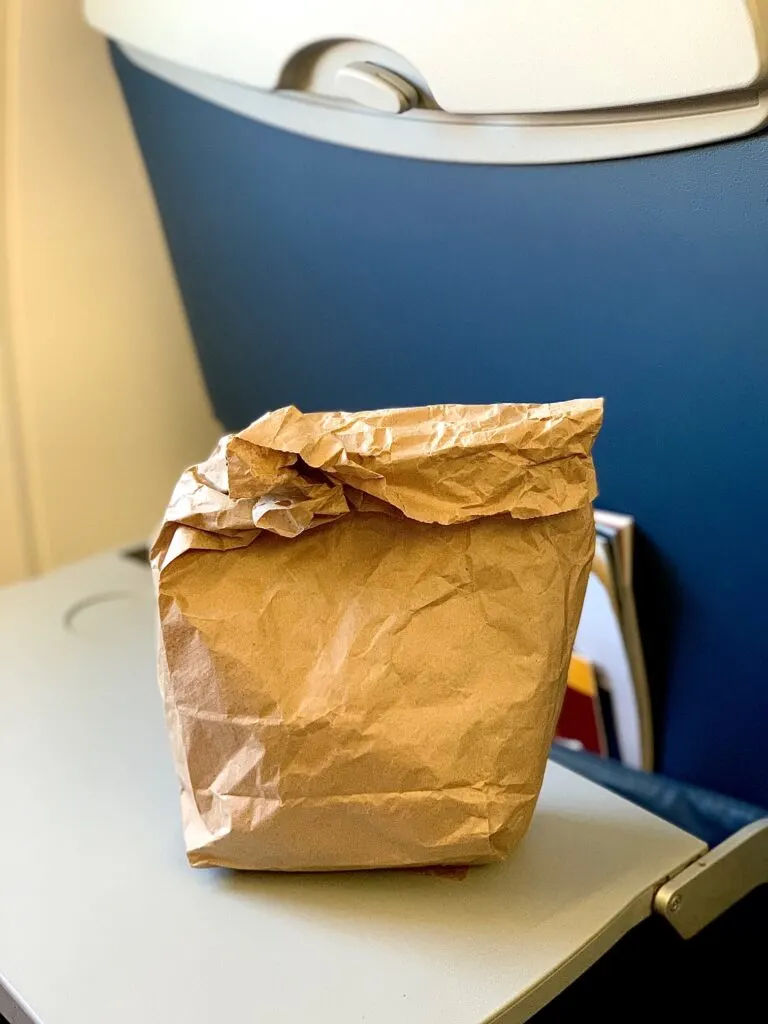 a brown bag on an airplane tray table