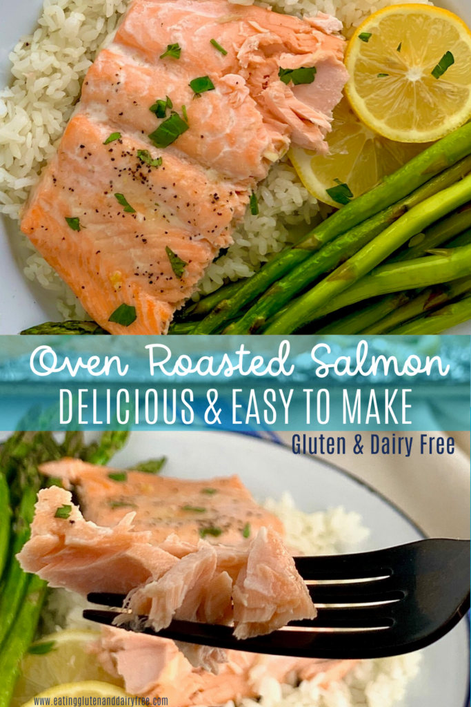 Oven roasted salmon on a bed of white rice and asparagus
