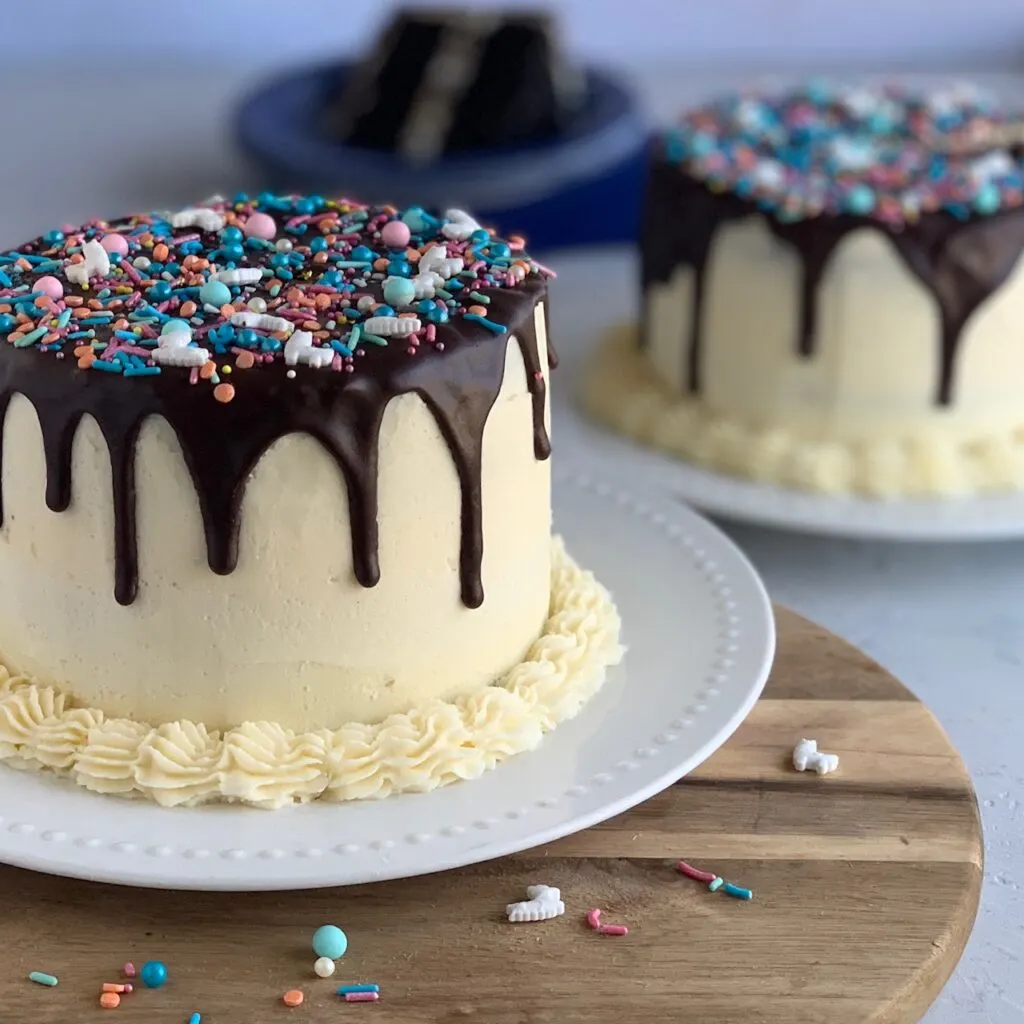 gluten and dairy free cake with chocolate ganache dripping down the edge and sprinkles