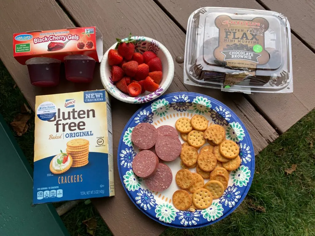 Several snacks displayed on a picnic table such as fruit, jello, crackers. and summer sausage.