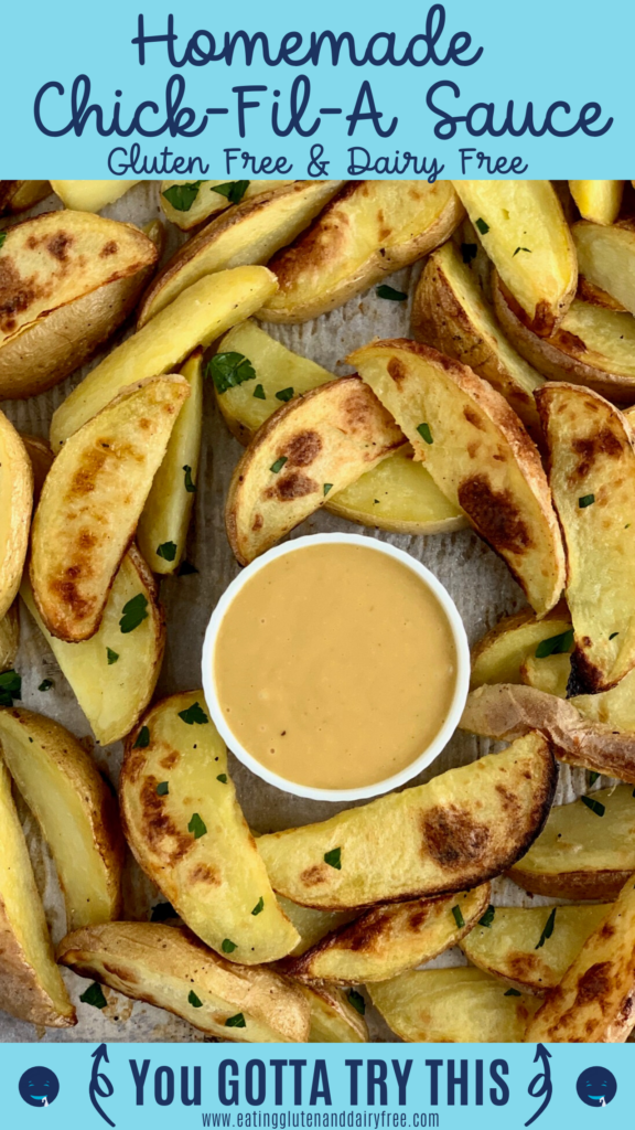 Homemade Chick-Fil-A Sauce on a baking sheet with baked potato wedges.