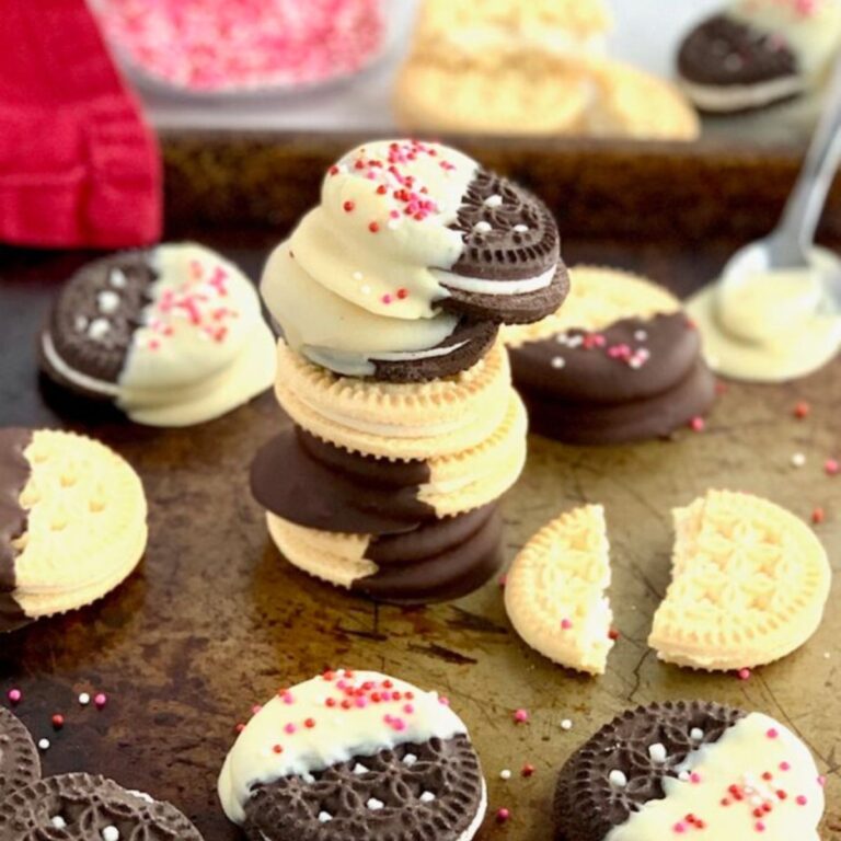 A small stack of Gluten and Dairy Free Chocolate Dipped Oreos.