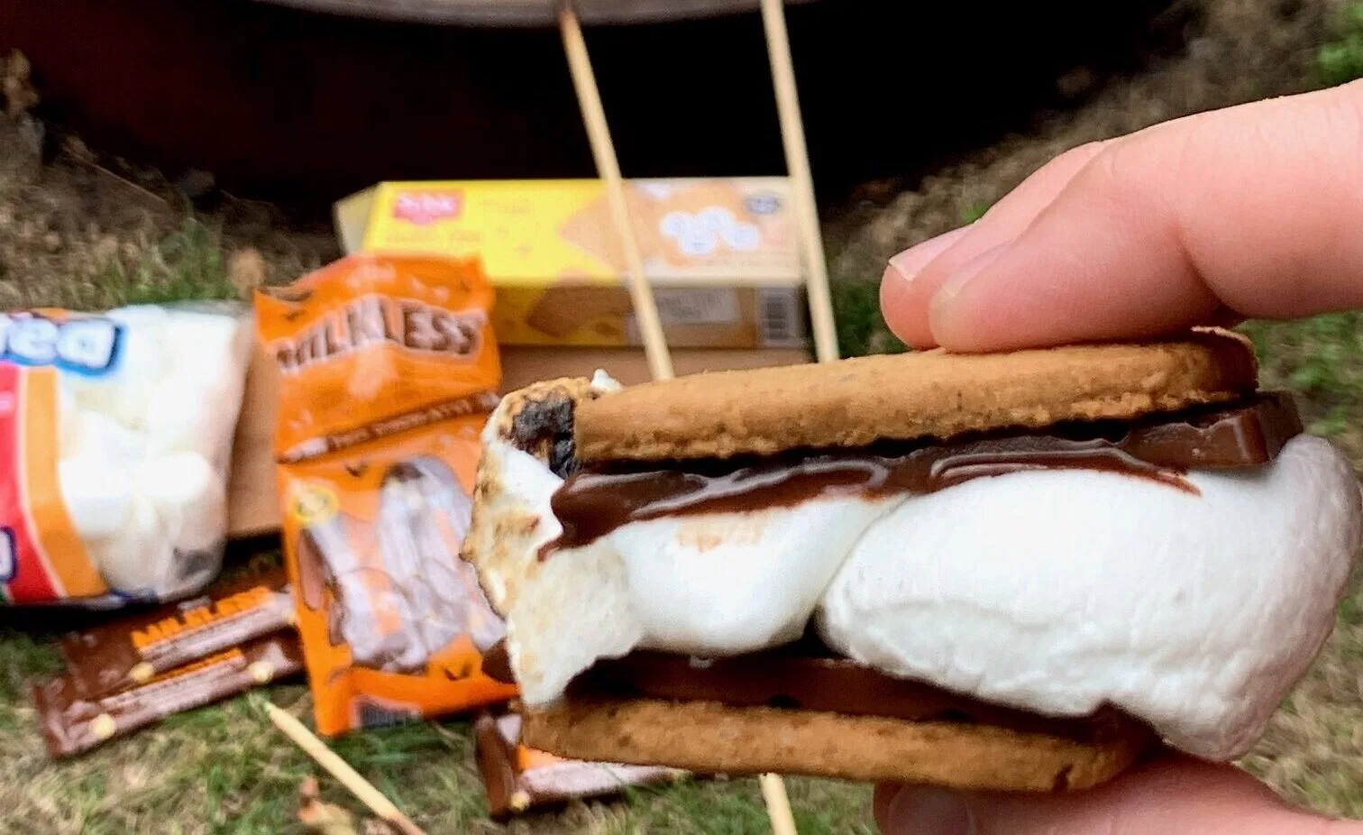 Smores by the campfire with melted chocolate