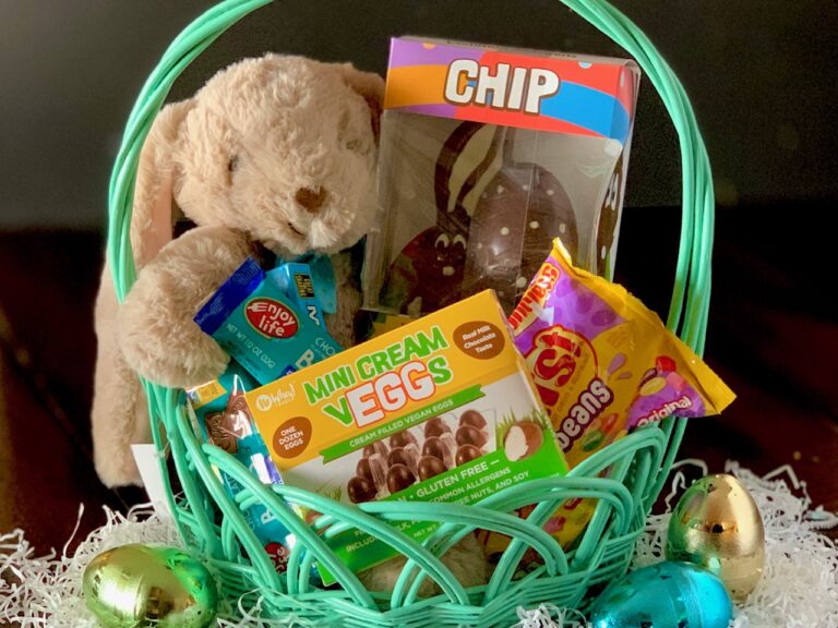 An Easter basket filled with yummy gluten and dairy free treats
