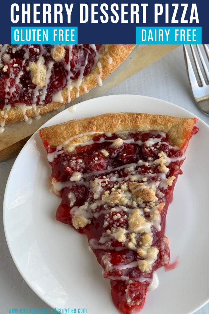 A slice of cherry dessert pizza on a plate