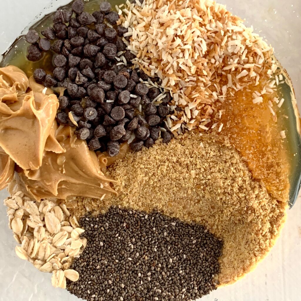 All the ingredients in a bowl for the best energy bites