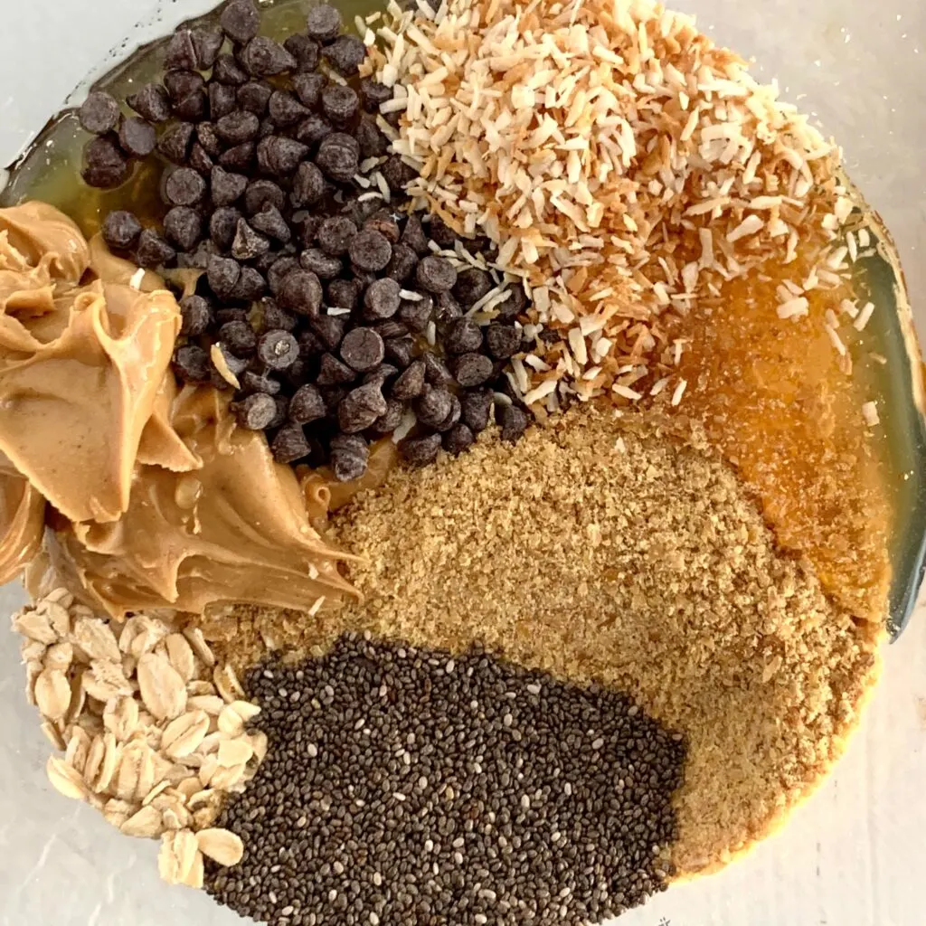 All the ingredients in a bowl for the best energy bites