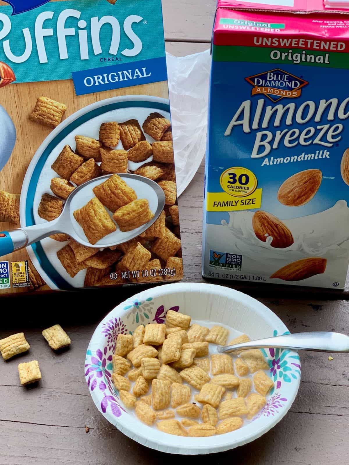 Gluten and dairy free cereal on a picnic table.