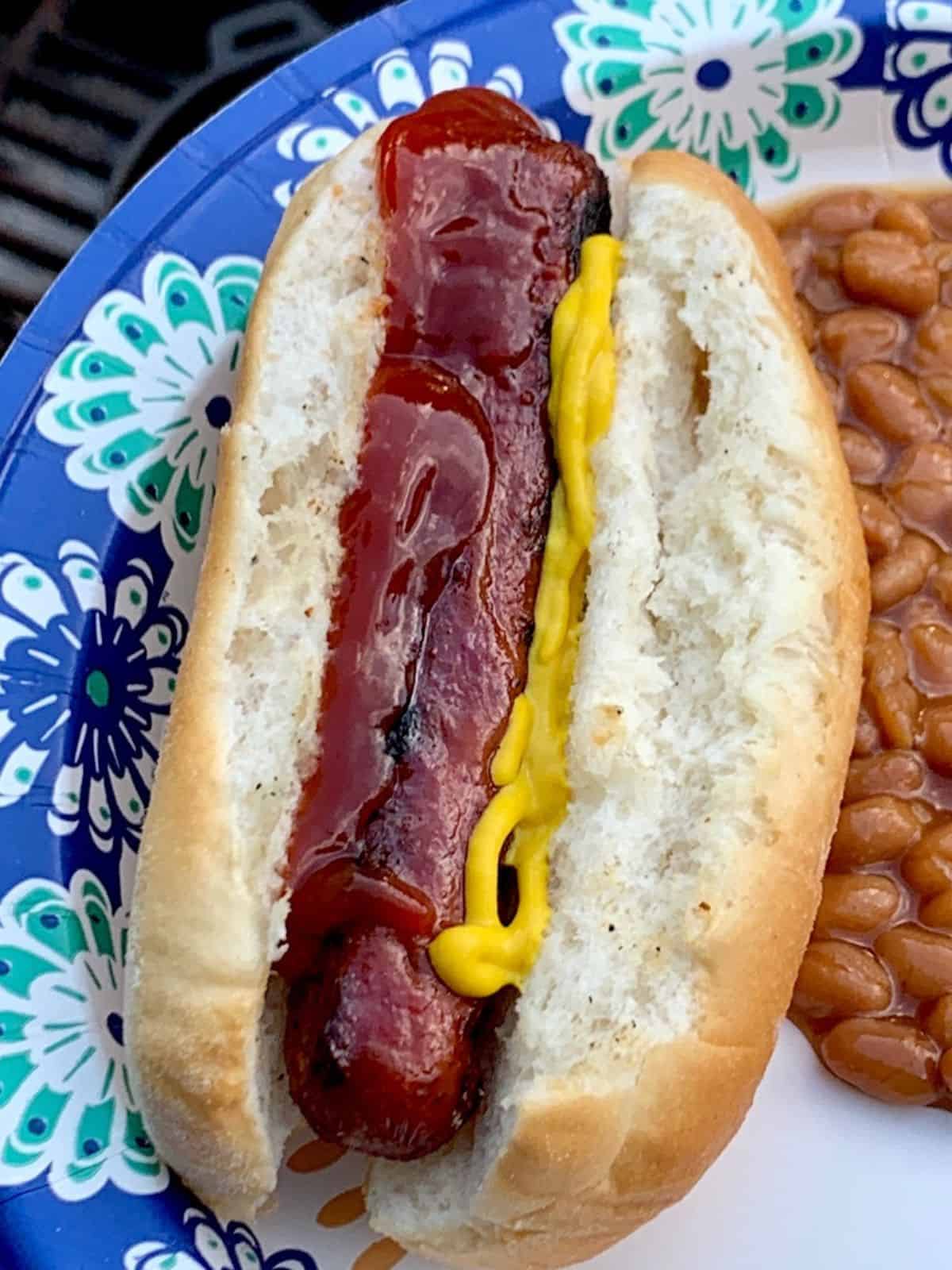 Hot dogs with ketchup and mustard.