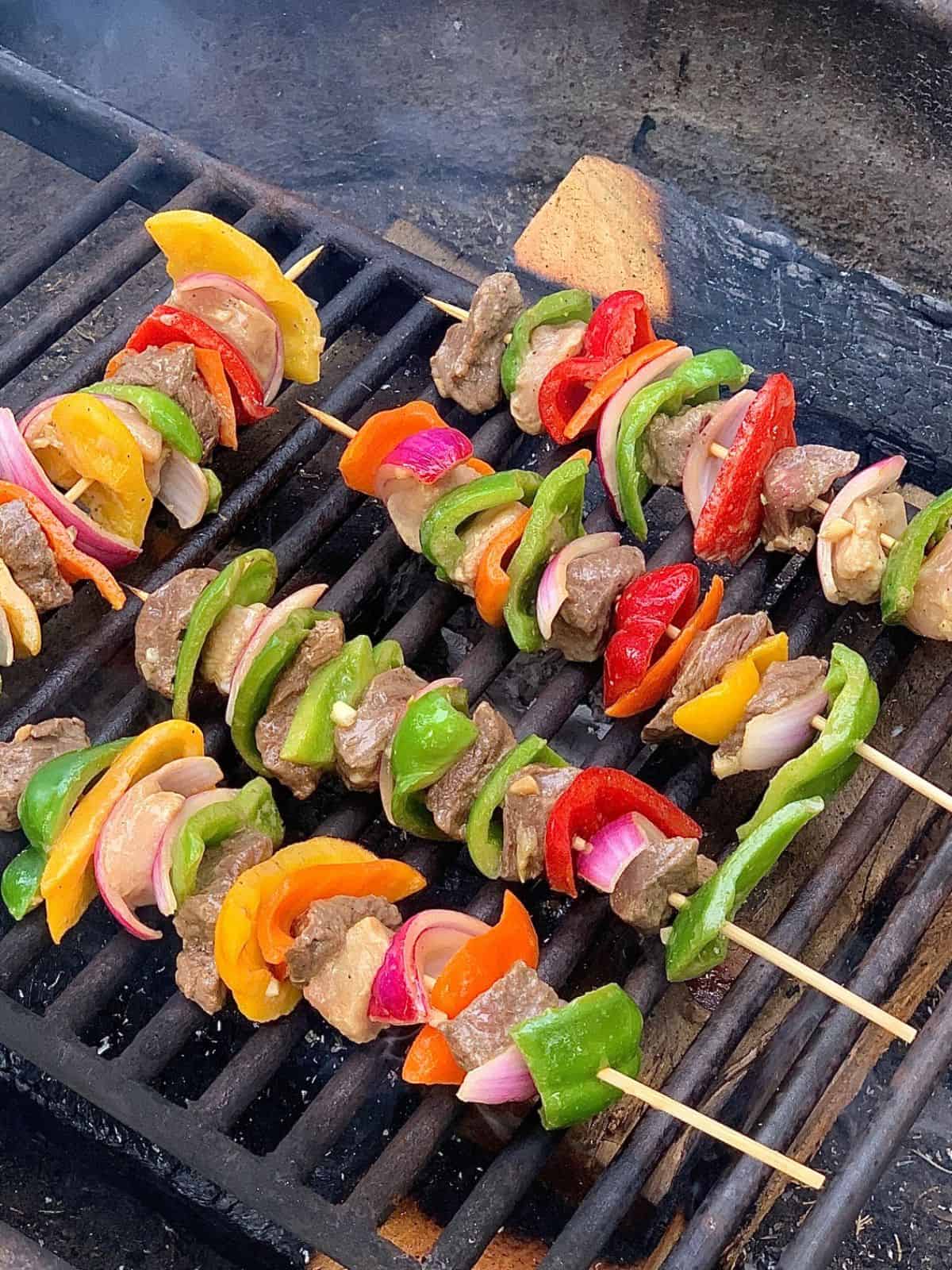 Grilled Shish kabobs on a grill.