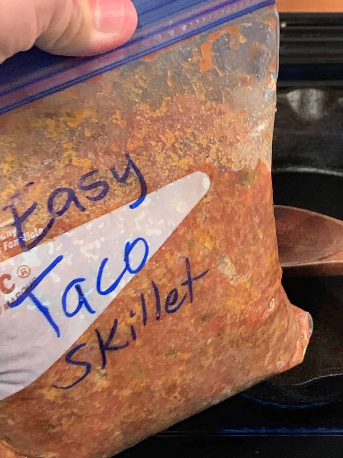 Taco meat in a ziptop bag.