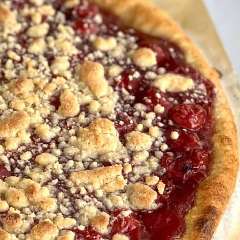 Looking down on a Gluten Free Cherry Dessert Pizza