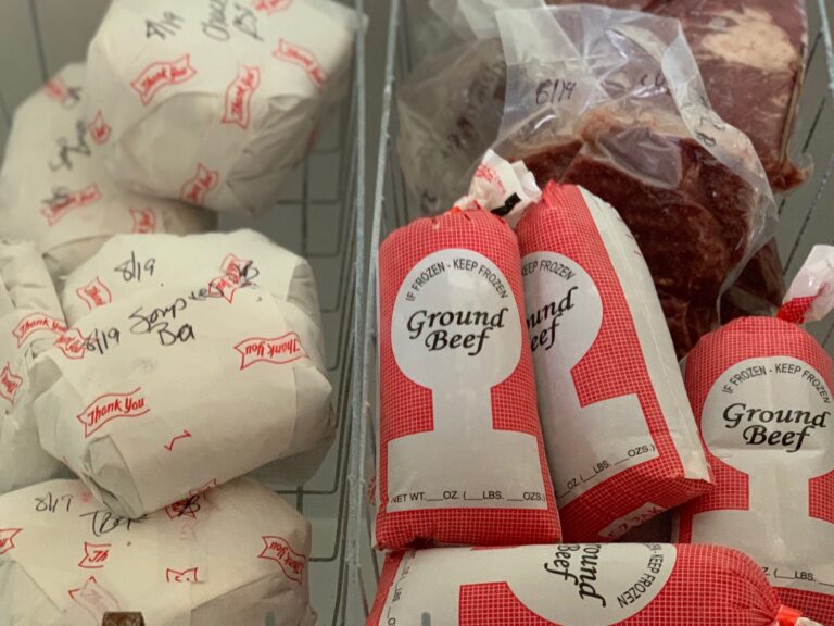 Meat in a freezer.