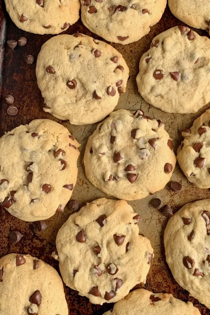 Warm cookies on a baking sheet