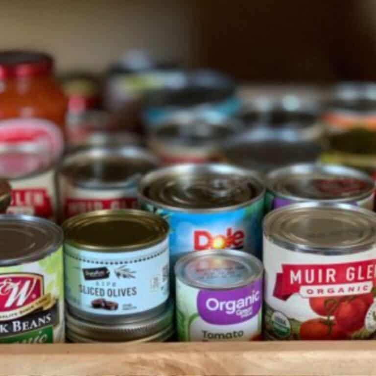A bunch of cans on a pantry shelf.