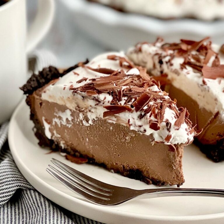 Dairy free chocolate pie slices on plates.