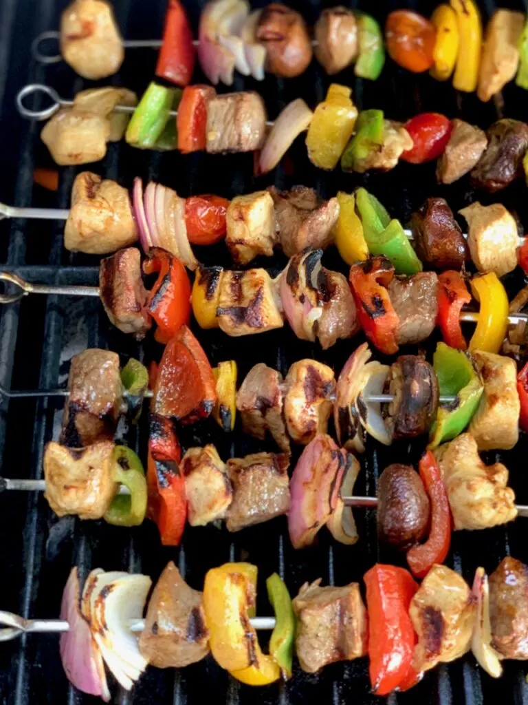 Beef, steak, and veggies on skewers 