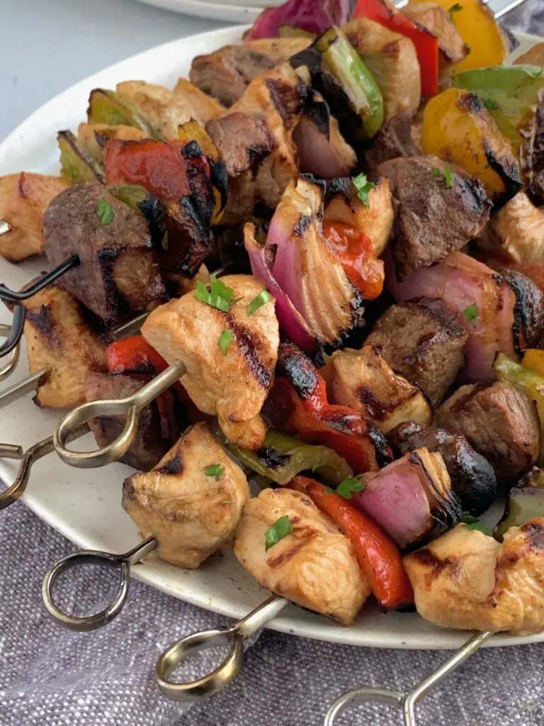 Beef, steak, and veggies on skewers 