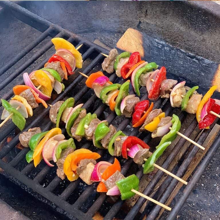 Gluten free and dairy free grilled shish kabobs being cooked.