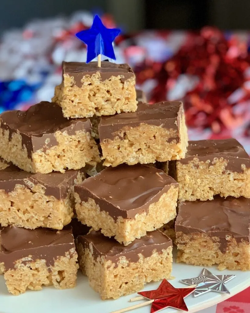 Oh Henry Bars stacked on a platter with festive decorations