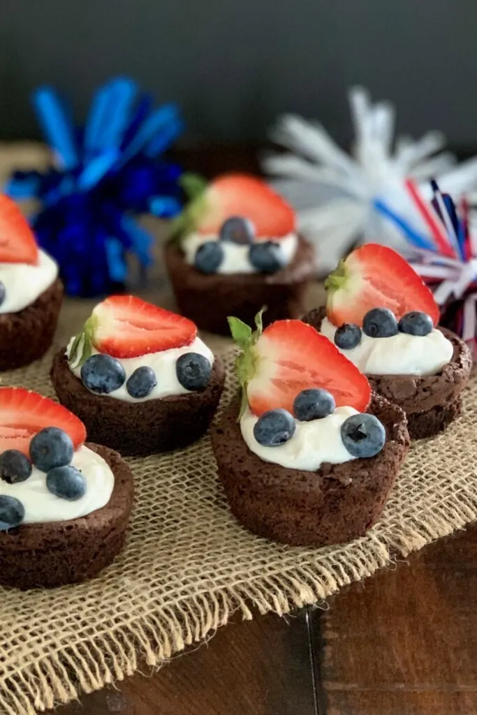 Brownie bites with cocowhip, blueberries, strawberries and 4th of July decorations