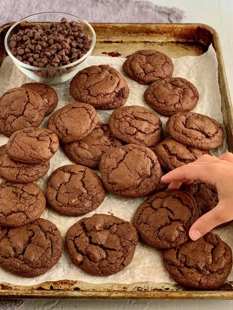 A pile of Fudgy brownie cookies on a cookie sheet.