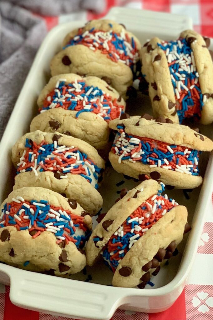 Ice cream sandwiches with red, white, and blue sprinkles on them