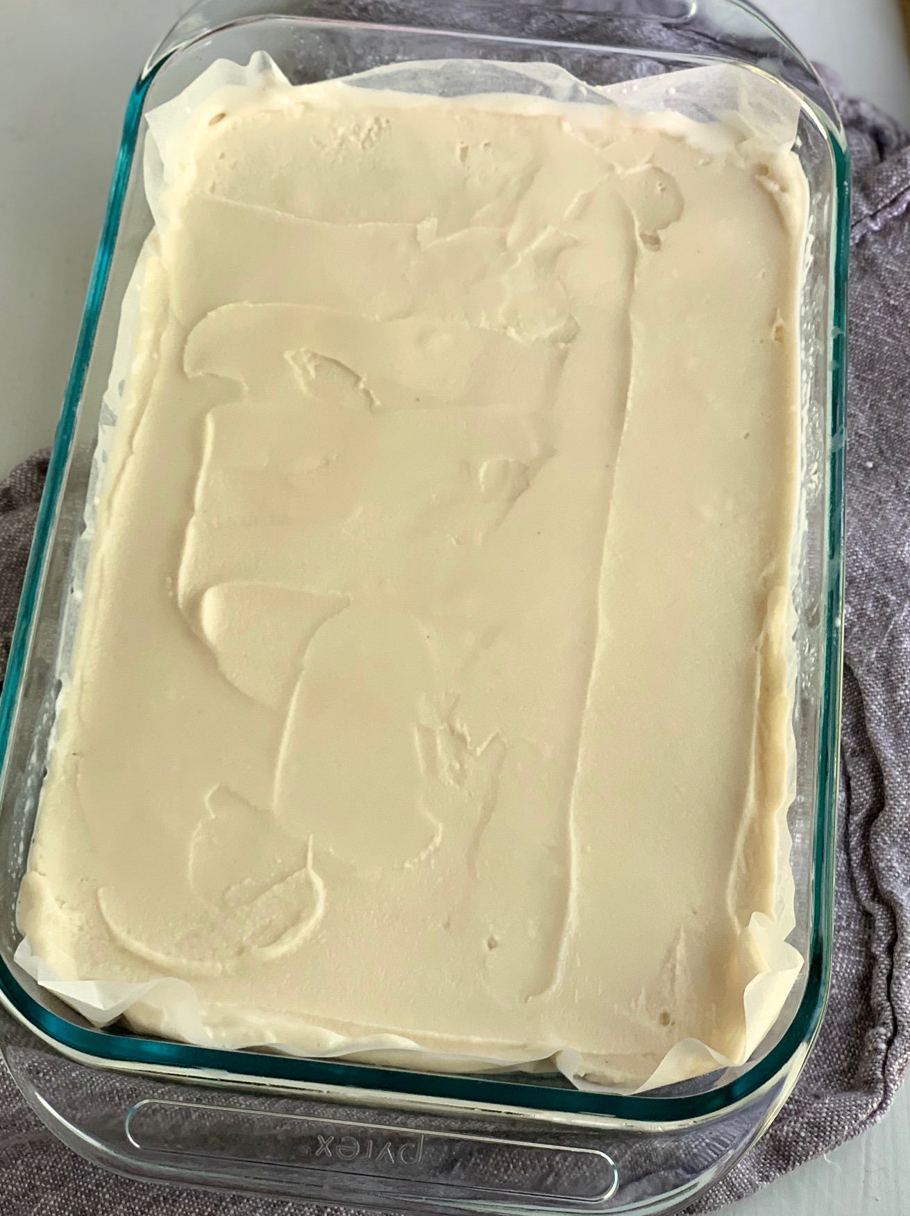 Ice cream in a baking dish.