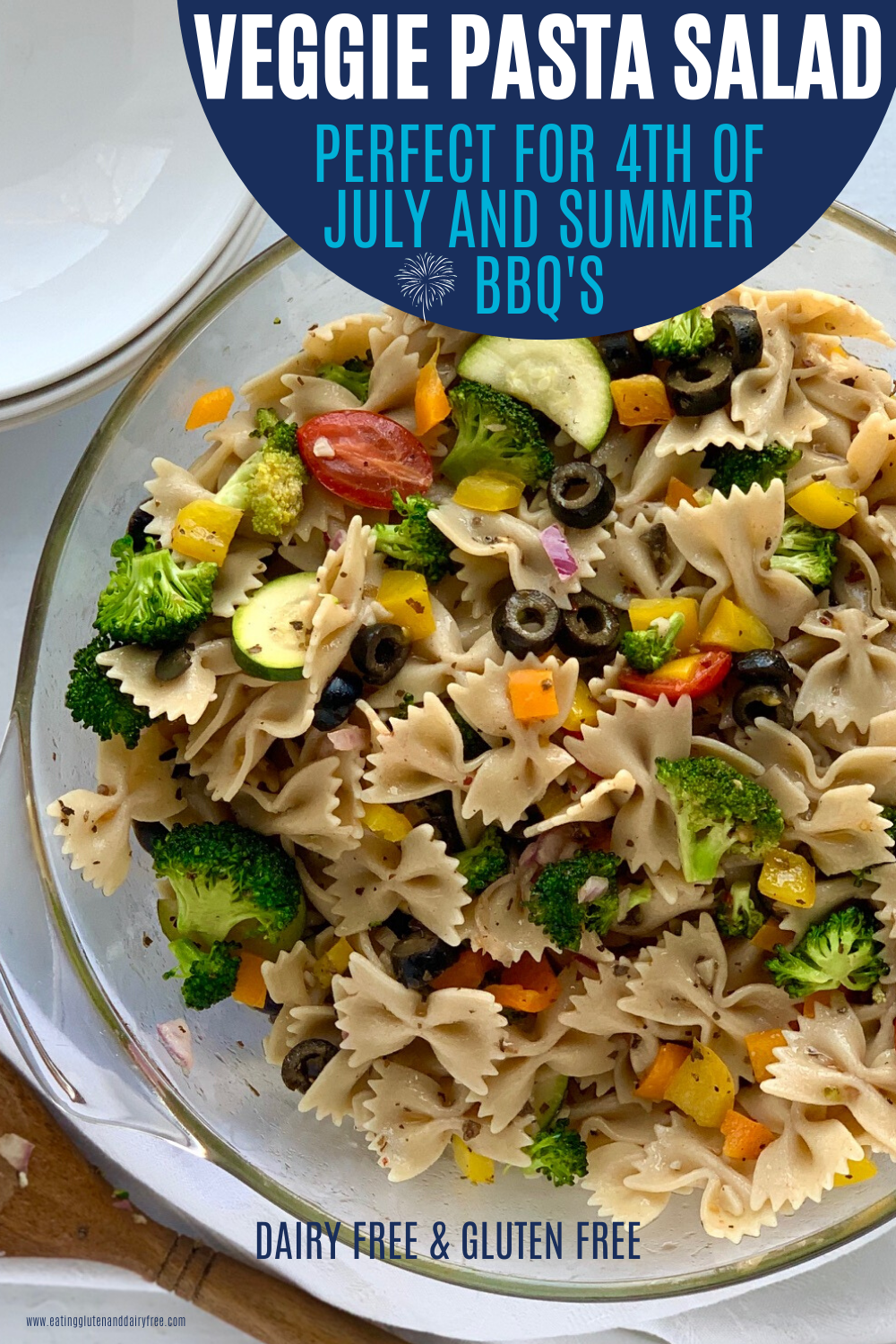 A large bowl of gluten free dairy free veggie pasta salad.